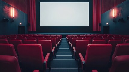 Obraz premium Movie theater with rows of empty red seats and a large, blank screen
