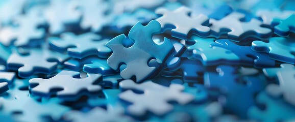 A close-up of a single blue puzzle piece that is slightly out of focus, surrounded by a blurry background of other blue puzzle pieces.