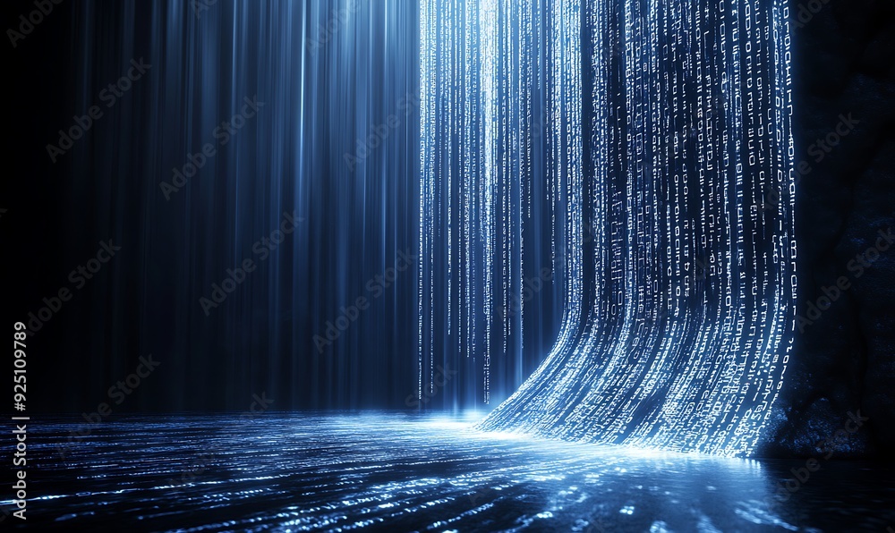 Poster Futuristic Technology Background with Flowing Binary Code Cascading Over a Dark Landscape