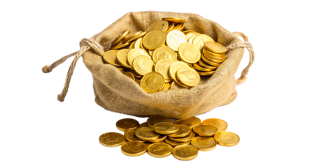 A bag of golden coins isolated on white background. AI GENERATED