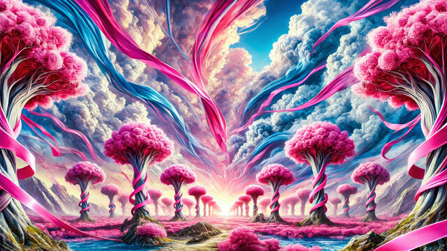 Surreal landscape of pink ribbon-wrapped pink trees under a dramatic sky filled with swirling clouds and vibrant colours, evoking a sense of fantasy and wonder.