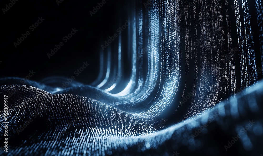 Poster Futuristic Technology Background with Flowing Binary Code Cascading Over a Dark Landscape