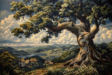 Ancient Tree With Mountain View.