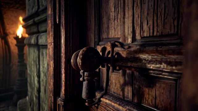 Rusty Old Key in the Lock of a Creaking, Ancient Door