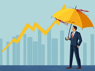 Obraz premium In an economy crisis or market crash, a financial institution is resilient to survive the difficulty or as an insurance concept, a businessman holds an umbrella in order to cover and protect himself
