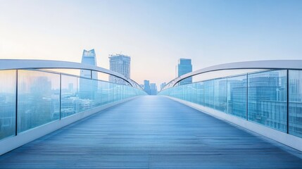 Vacant pedestrian bridge with clear path and no people, city skyline in background