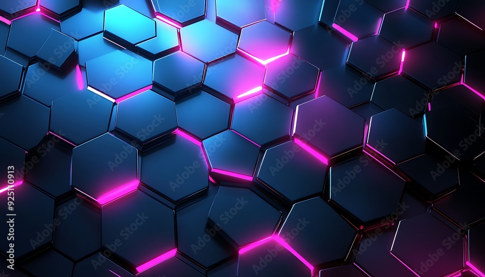Poster Modern Technology Background with Hexagonal Tiles and Glowing LED Lights
