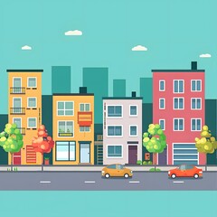 Obraz premium Colorful Cityscape with Houses and Cars Illustration