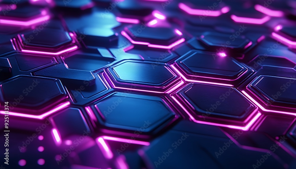 Poster modern technology background with hexagonal tiles and glowing led lights