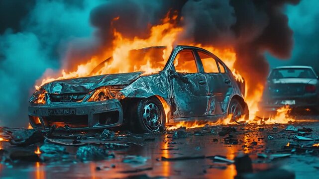 After the nighttime traffic accident, the car caught fire and exploded.