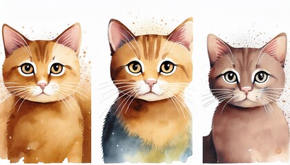 Collection of three watercolour paintings of brown cute cat