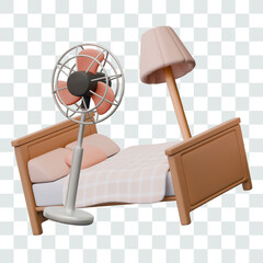 Double bed with bed accessories, floor lamp, fan on high stand