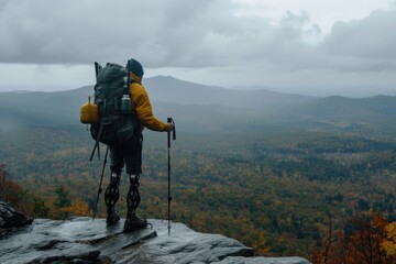 Hiker with prosthetic legs in desert landscape