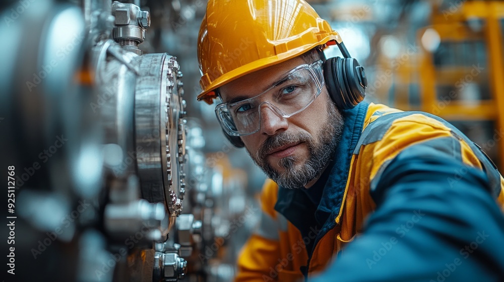 Poster an industrial worker inspects machinery with focus and precision, showcasing expertise in a vibrant 