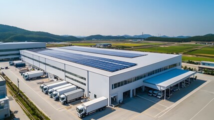  In the aerial view of an industrial building with solar panels on its roof, the scene captures a clean and modern warehouse