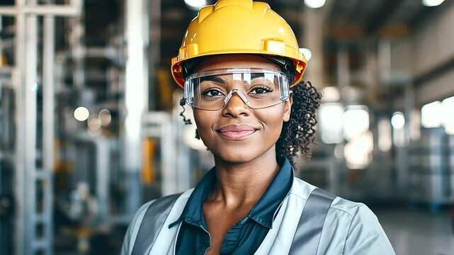 confident young female engineer wearing a helmet and safety glasses, smiling at the camera. She stands proudly outside an industrial factory, reflecting her role as a professional supervisor in produc