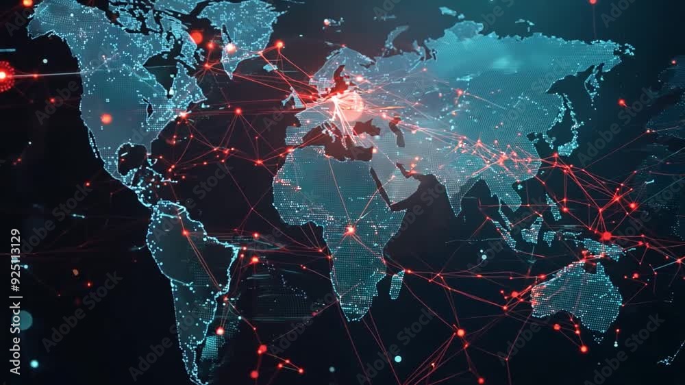 Poster a world map illustrates navigation pathways and data links, showcasing interconnected regions with b