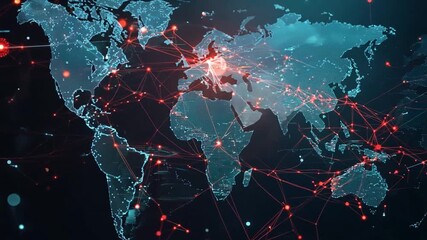 A world map illustrates navigation pathways and data links, showcasing interconnected regions with bright network patterns. - Powered by Adobe