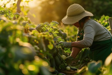 Farmer harvesting vegetables at sunset