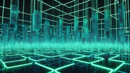 A cityscape with a green background and neon lights