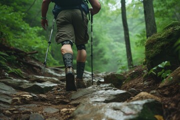 Hiker with prosthetic leg on forest trail