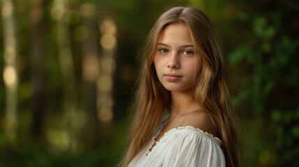 Fototapeta premium A young woman with long blonde hair stands outdoors in a white blouse, surrounded by lush greenery, and looking serene.