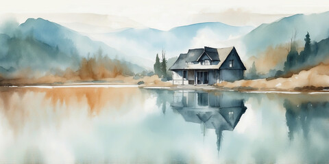 Fototapeta premium watercolor beautiful house on the shore of the lake on the background of mountains , watercolor drawing airy