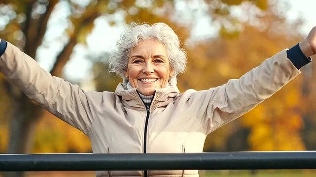 An elderly woman with gray hair, dressed in a warm jacket, is exercising on bars in a city park on a crisp autumn morning. She smiles warmly at the camera, embodying active aging and the joy of outdoo