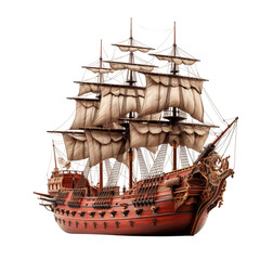 Fototapeta premium Vintage sailing ship with white sails on a green background.