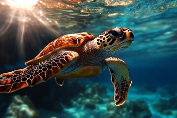 Fototapeta premium A sea turtle swims gracefully through crystal clear water, bathed in the warm glow of the sun.