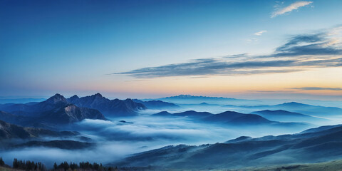 Obraz premium hiking high in the mountains , mountain scenery in the fog