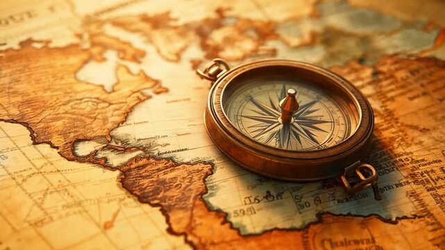 A vintage compass rests on a detailed map, illustrating different geographic regions and navigation routes.