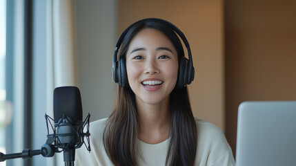 Asian woman podcaster wearing headphones and speaking into a microphone with a laptop open, concept for podcasting or music recording