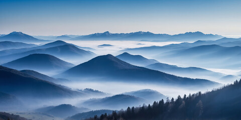 Mountain landscape in the fog in the morning , blue cold morning high in the mountains