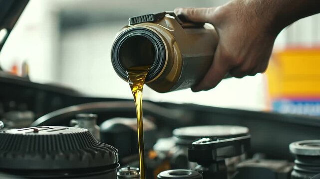 A closeup of a man&rsquo;s hand pouring oil from a canister into a car engine, highlighting essential vehicle maintenance and the importance of regular oil changes. The image captures the moment of care and