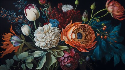 beautiful vintage botanical flowers and leaves wallpaper. Flower wall art. Generative AI