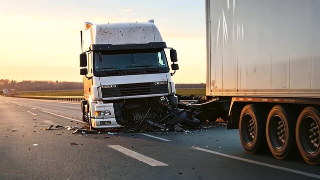 A broken cargo truck with a damaged bumper stranded on an empty highway. The scene highlights a dangerous collision, emphasizing the risks and challenges of the trucking profession