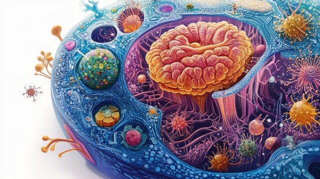 Colorful Illustration of a Human Cell with Detailed Organelles, Microtubules, and Cytoplasm.