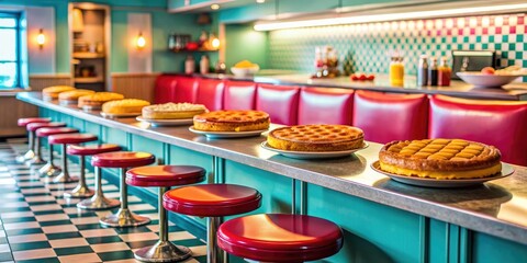 Retro diner with colorful pies on display, retro, diner, restaurant, colorful, pies, display, vintage, 1950s