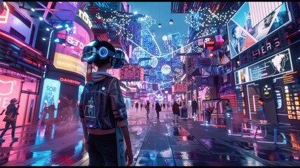 A visual representation of the metaverse, featuring interconnected digital worlds, avatars, and advanced technology in a vibrant, futuristic setting 