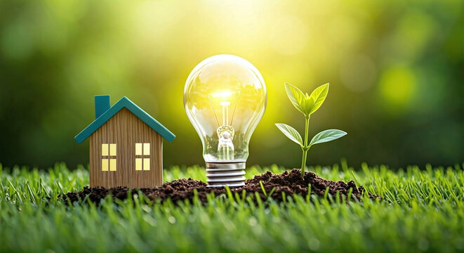 Ampoule sur fond de nature, &eacute;nergie verte et &eacute;conomie d'&eacute;nergie dans la maison