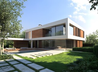 Modern House Exterior Design With Pool and Lush Greenery