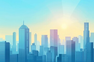 Naklejka premium Modern city skyline standing tall under a blue sky as the sun rises in the background