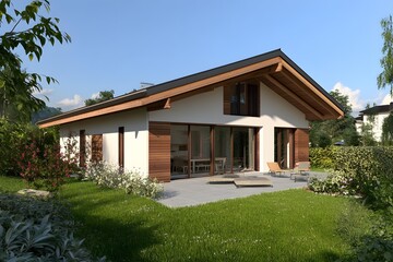 Fototapeta premium Modern House Design with Wooden Beams and Large Windows