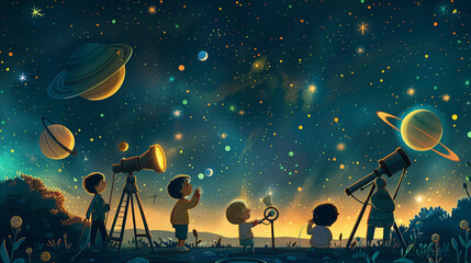Celebrate Astronomy Day with a vibrant illustration of friendly cartoon astronomers gathered under a starry night sky, featuring telescopes, planet models