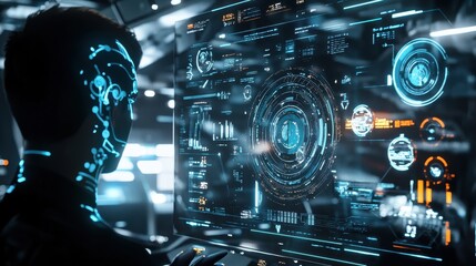 Fototapeta premium Futuristic Cyborg with Digital Interface and Glowing Lines - Sci-Fi Concept.