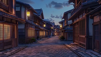 A serene cobblestone street flanked by traditional houses with glowing lanterns, under a twilight sky. The scene exudes tranquility and timeless charm, inviting a peaceful evening stroll