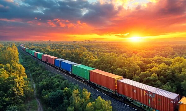 Cargo Containers Transportation On Freight Train By Railway