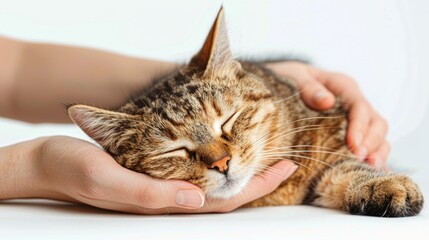 Hands caressing striped cat  pet care concept banner with white background and copy space