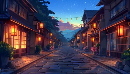 Obraz premium A serene cobblestone street flanked by traditional houses with glowing lanterns, under a twilight sky. The scene exudes tranquility and timeless charm, inviting a peaceful evening stroll